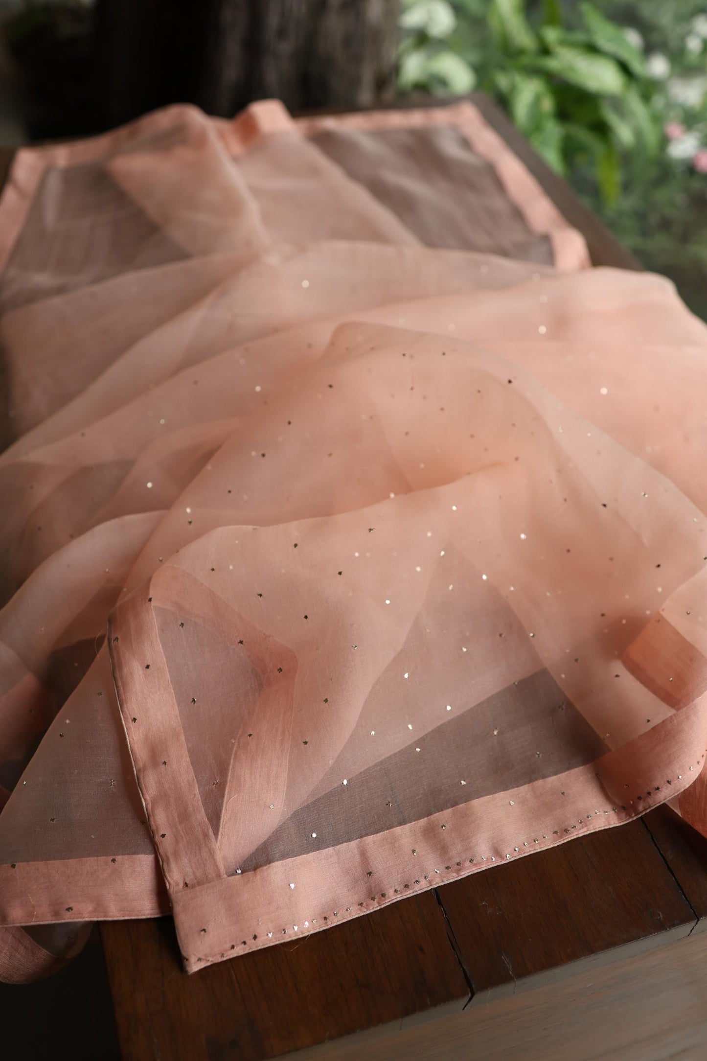 Rose Peach Shade Noor Organza Silk Chikankari Unstitched Kurta Dupatta Set