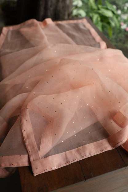 Rose Peach Shade Noor Organza Silk Chikankari Unstitched Kurta Dupatta Set