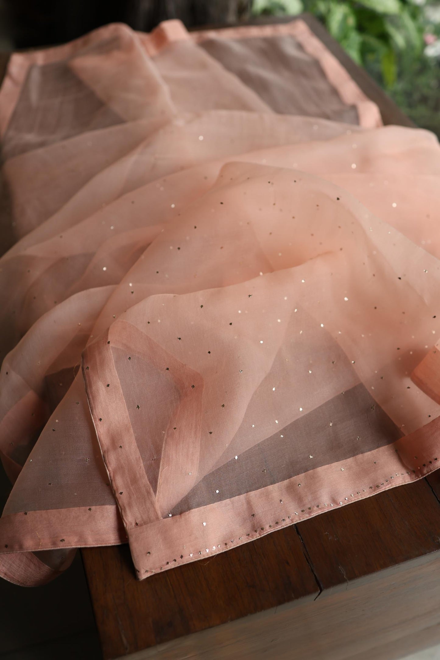 Rose Peach Shade Noor Organza Silk Chikankari Unstitched Kurta Dupatta Set