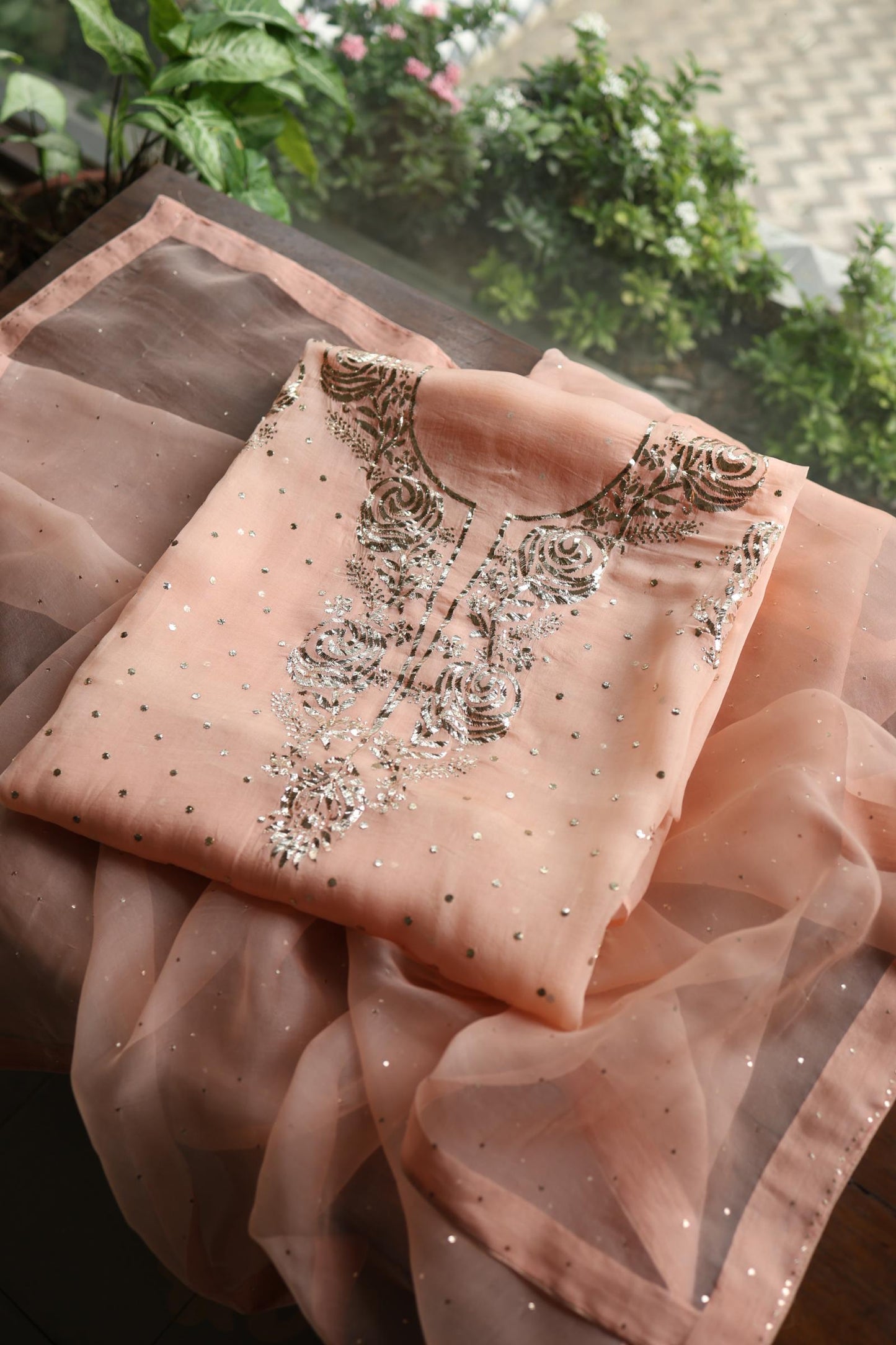 Rose Peach Shade Noor Organza Silk Chikankari Unstitched Kurta Dupatta Set