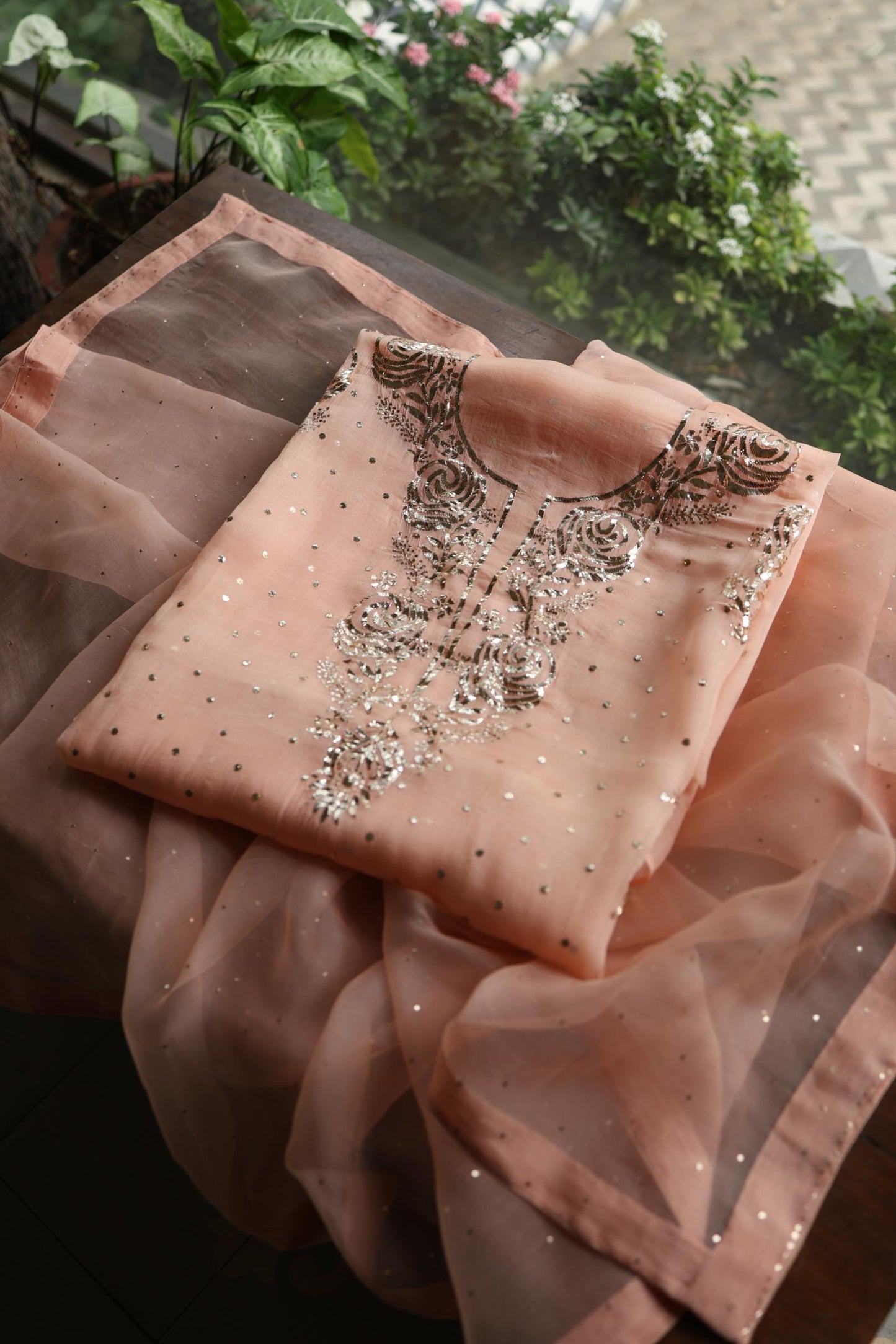 Rose Peach Shade Noor Organza Silk Chikankari Unstitched Kurta Dupatta Set