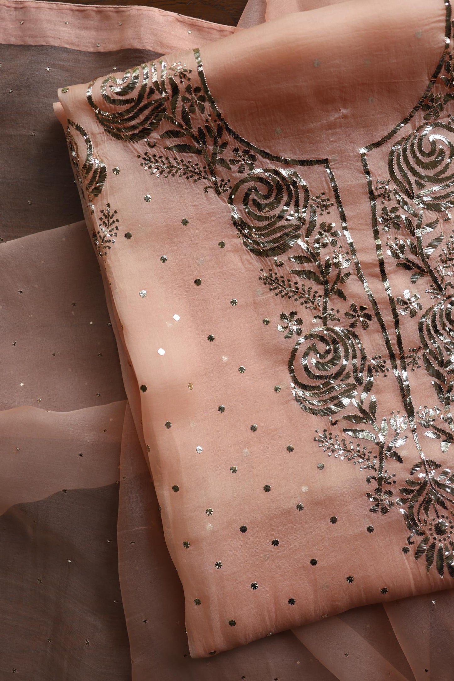 Rose Peach Shade Noor Organza Silk Chikankari Unstitched Kurta Dupatta Set