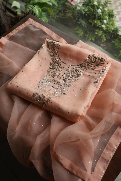 Rose Peach Shade Noor Organza Silk Chikankari Unstitched Kurta Dupatta Set