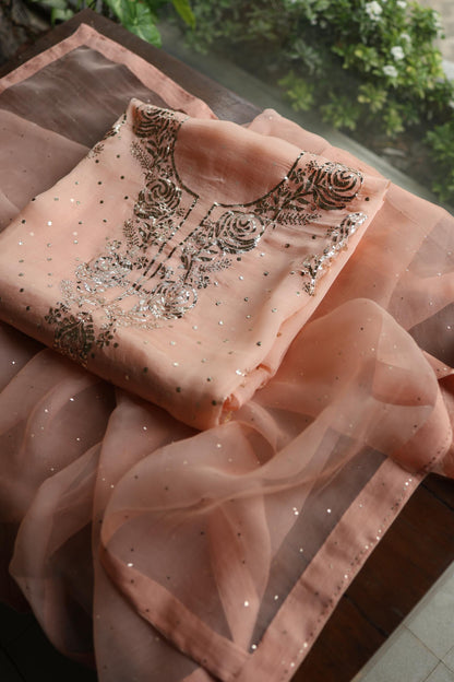 Rose Peach Shade Noor Organza Silk Chikankari Unstitched Kurta Dupatta Set