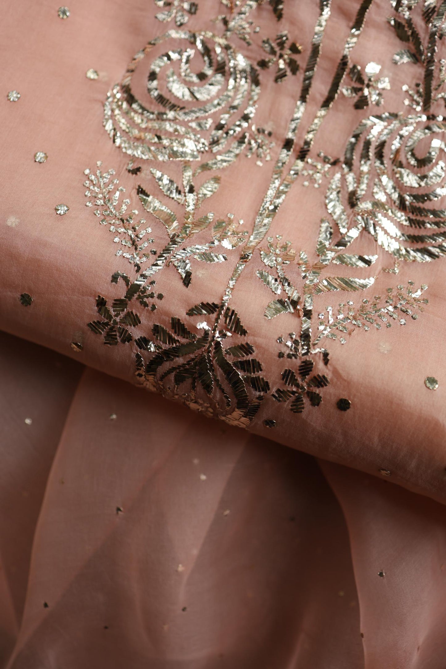 Rose Peach Shade Noor Organza Silk Chikankari Unstitched Kurta Dupatta Set