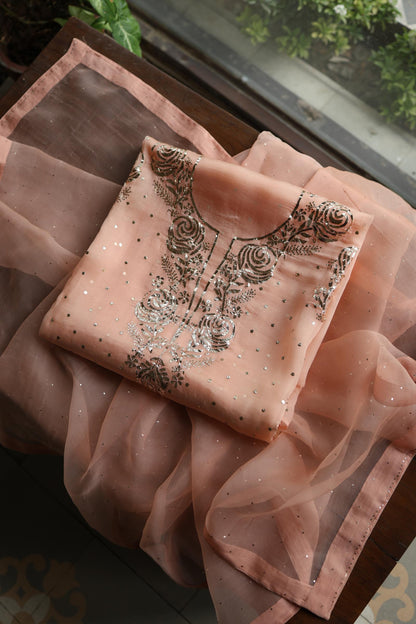 Rose Peach Shade Noor Organza Silk Chikankari Unstitched Kurta Dupatta Set