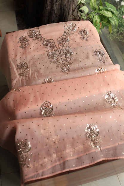 Rose Peach Shade Noor Organza Silk Chikankari Unstitched Kurta Dupatta Set