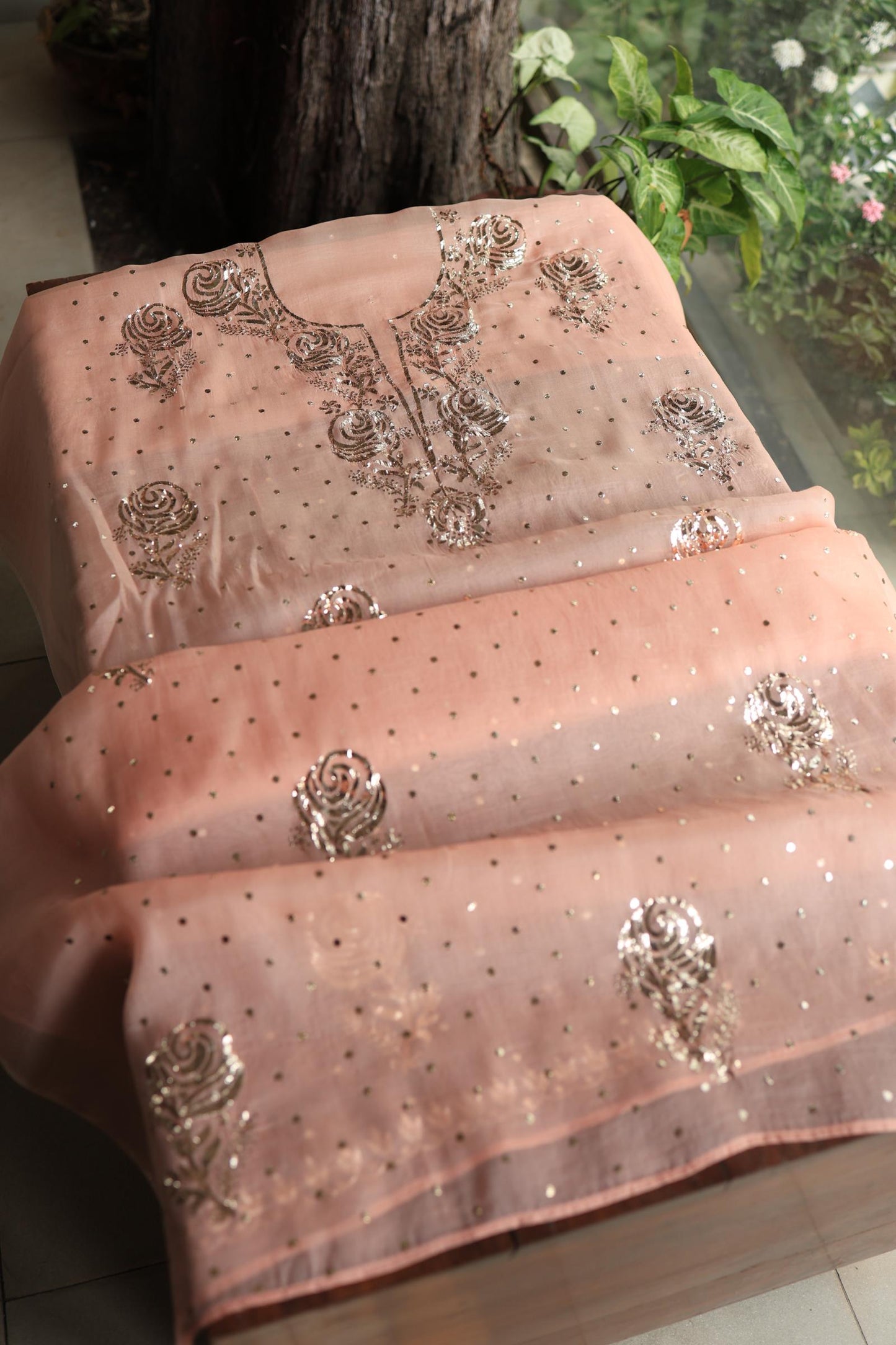 Rose Peach Shade Noor Organza Silk Chikankari Unstitched Kurta Dupatta Set