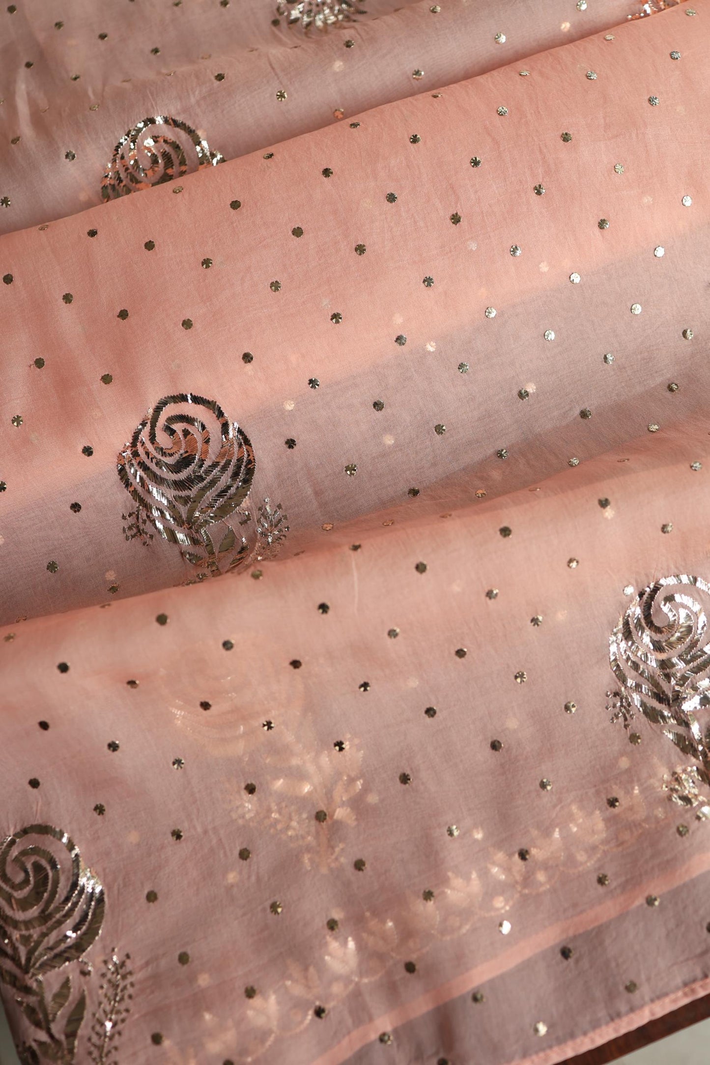 Rose Peach Shade Noor Organza Silk Chikankari Unstitched Kurta Dupatta Set