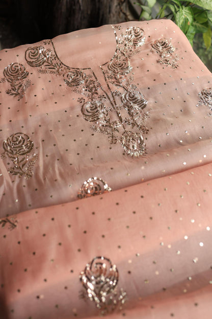 Rose Peach Shade Noor Organza Silk Chikankari Unstitched Kurta Dupatta Set