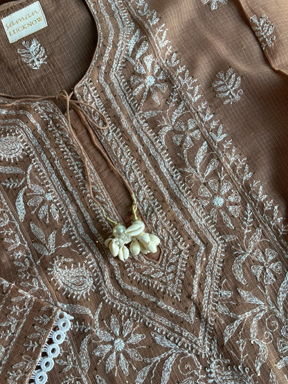 Rose Peach Shade Semi Stitched Kota Tepchi Chikankari Kurta Dupatta Set