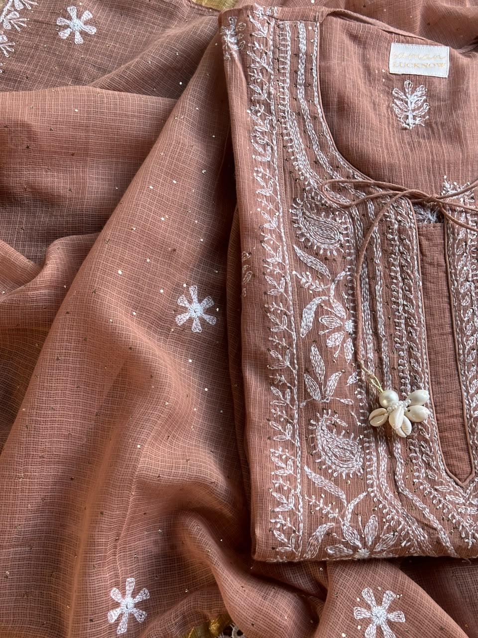 Rose Peach Shade Semi Stitched Kota Tepchi Chikankari Kurta Dupatta Set