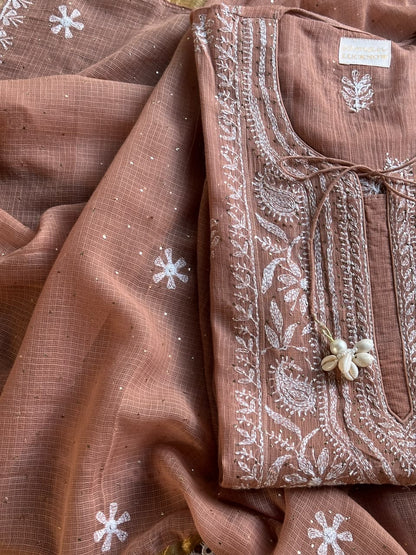 Rose Peach Shade Semi Stitched Kota Tepchi Chikankari Kurta Dupatta Set