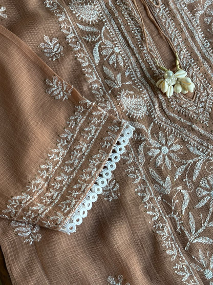 Rose Peach Shade Semi Stitched Kota Tepchi Chikankari Kurta Dupatta Set