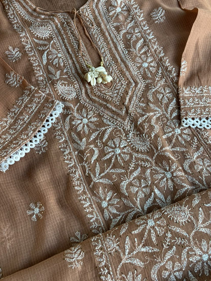 Rose Peach Shade Semi Stitched Kota Tepchi Chikankari Kurta Dupatta Set