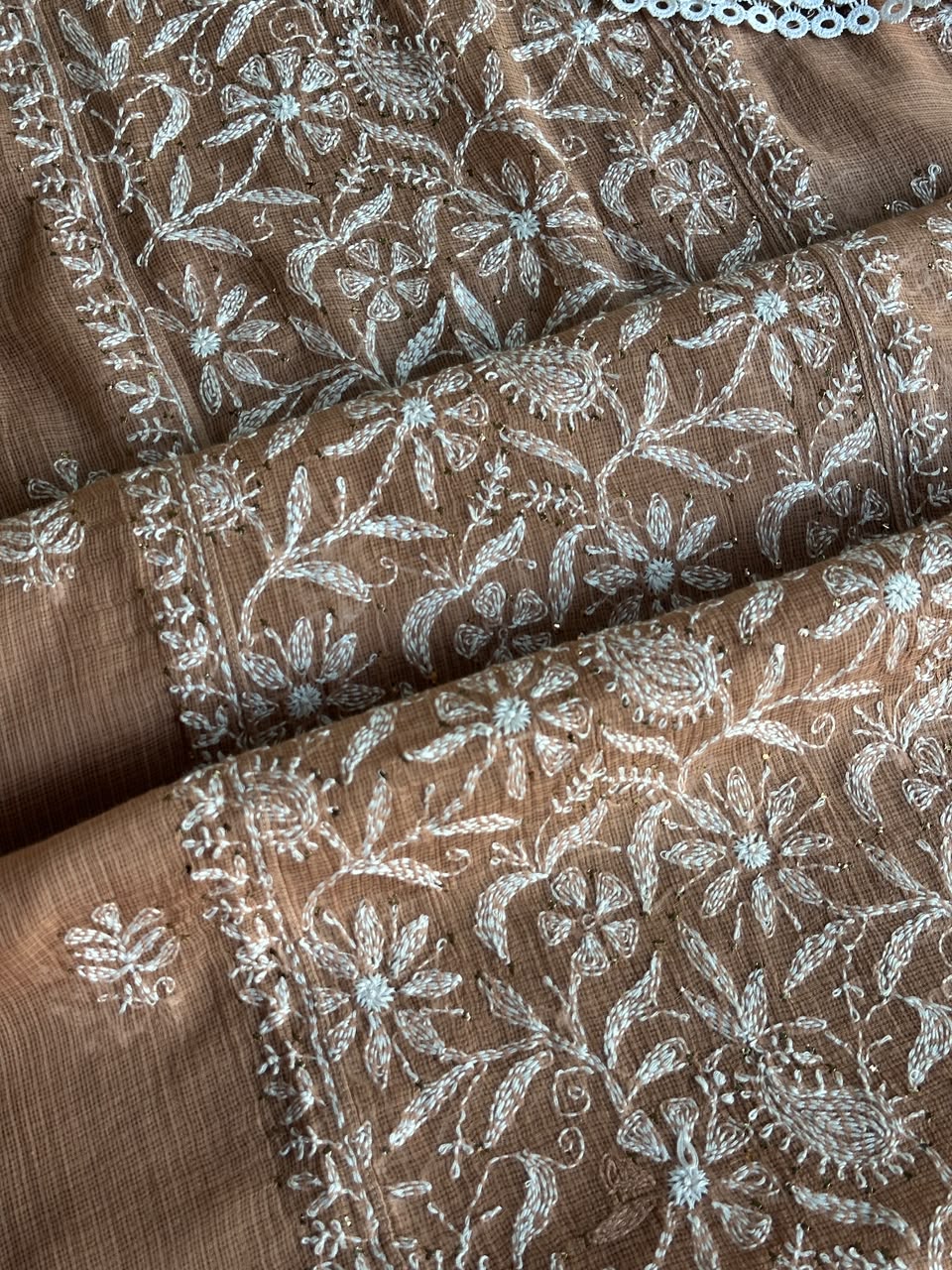 Rose Peach Shade Semi Stitched Kota Tepchi Chikankari Kurta Dupatta Set