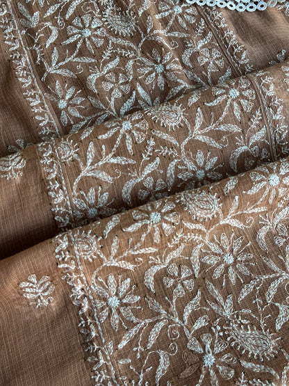 Rose Peach Shade Semi Stitched Kota Tepchi Chikankari Kurta Dupatta Set