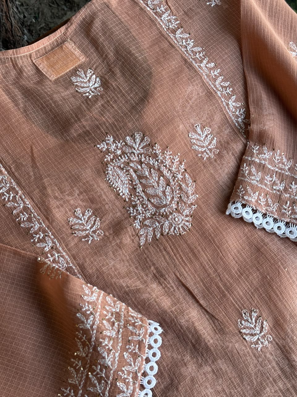 Rose Peach Shade Semi Stitched Kota Tepchi Chikankari Kurta Dupatta Set