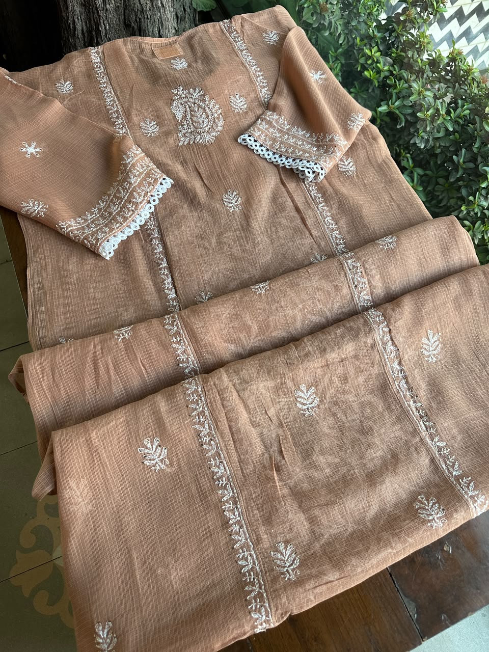 Rose Peach Shade Semi Stitched Kota Tepchi Chikankari Kurta Dupatta Set