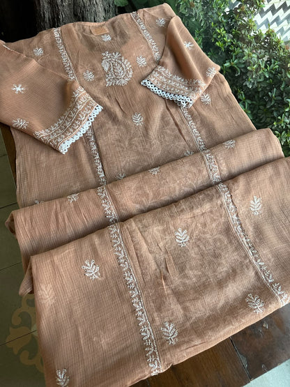 Rose Peach Shade Semi Stitched Kota Tepchi Chikankari Kurta Dupatta Set
