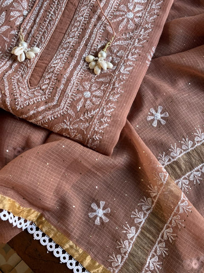 Rose Peach Shade Semi Stitched Kota Tepchi Chikankari Kurta Dupatta Set