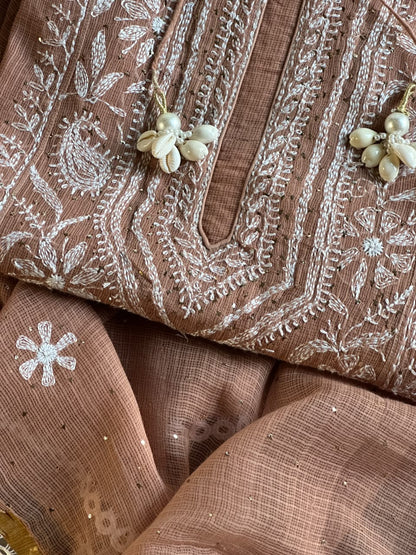 Rose Peach Shade Semi Stitched Kota Tepchi Chikankari Kurta Dupatta Set
