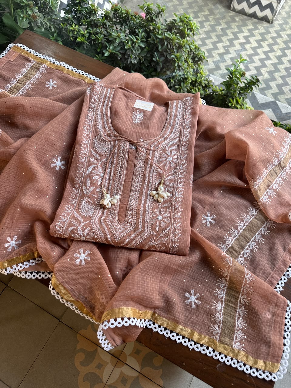 Rose Peach Shade Semi Stitched Kota Tepchi Chikankari Kurta Dupatta Set