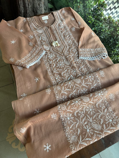 Rose Peach Shade Semi Stitched Kota Tepchi Chikankari Kurta Dupatta Set