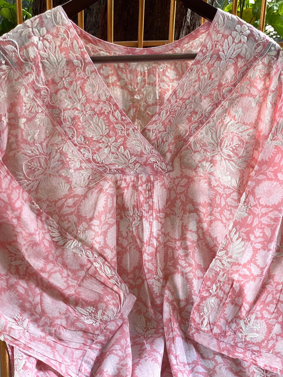 Rose Pink Floral Handblock Printed Cotton Peplum Top
