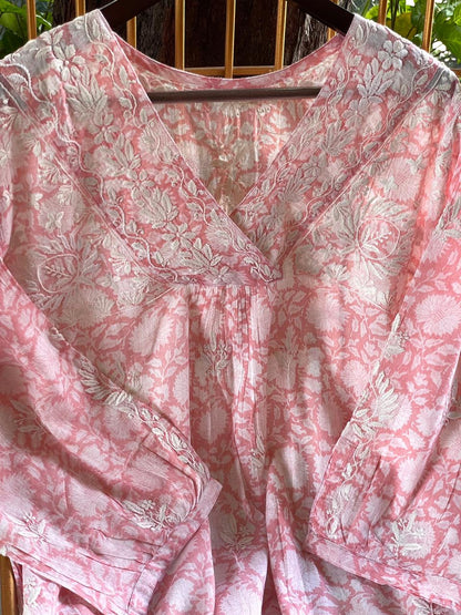 Rose Pink Floral Handblock Printed Cotton Peplum Top