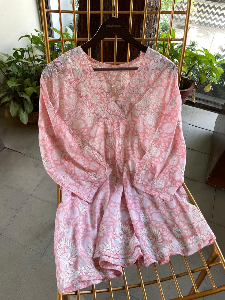 Rose Pink Floral Handblock Printed Cotton Peplum Top