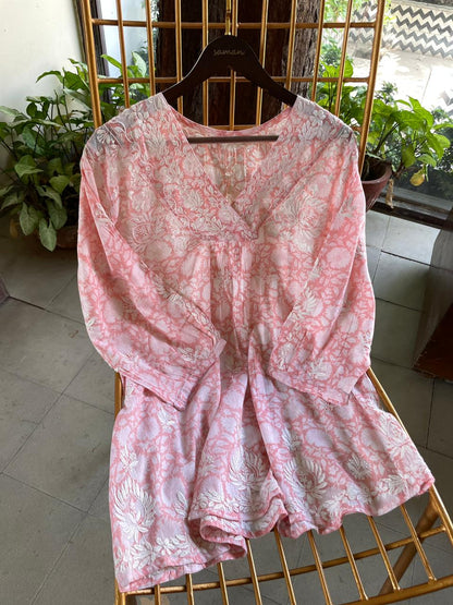 Rose Pink Floral Handblock Printed Cotton Peplum Top