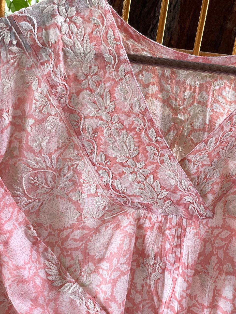 Rose Pink Floral Handblock Printed Cotton Peplum Top