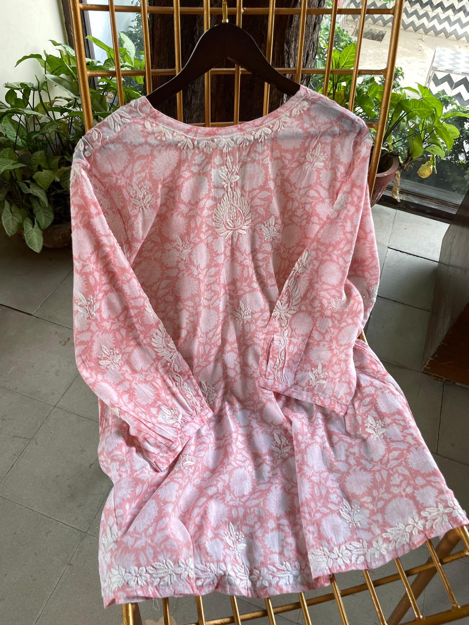 Rose Pink Floral Handblock Printed Cotton Peplum Top