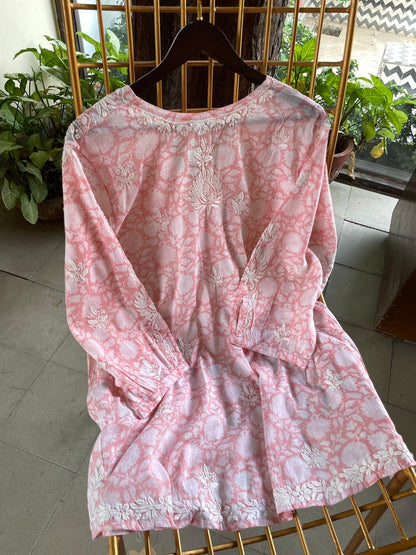 Rose Pink Floral Handblock Printed Cotton Peplum Top