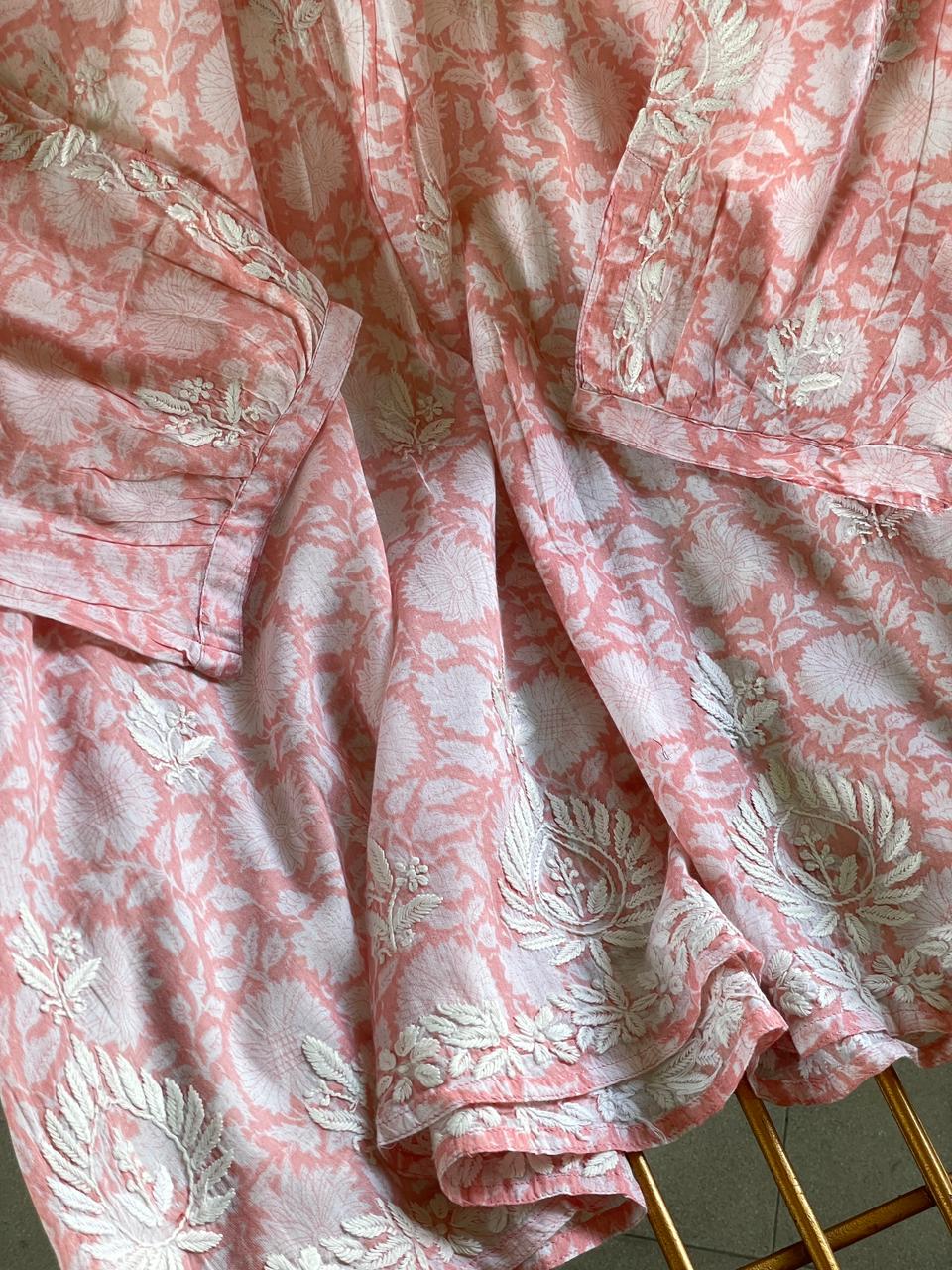 Rose Pink Floral Handblock Printed Cotton Peplum Top