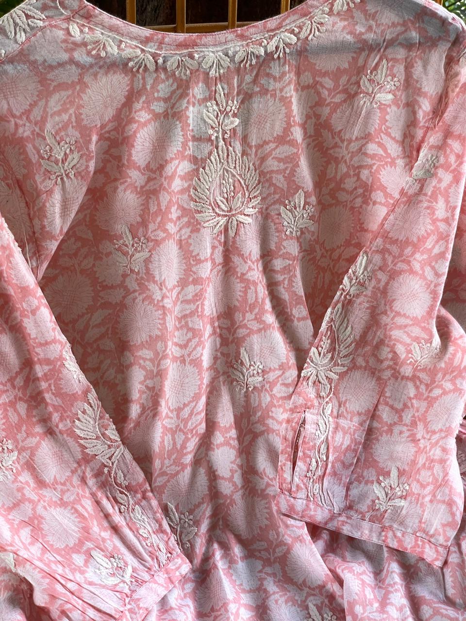 Rose Pink Floral Handblock Printed Cotton Peplum Top