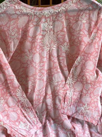 Rose Pink Floral Handblock Printed Cotton Peplum Top