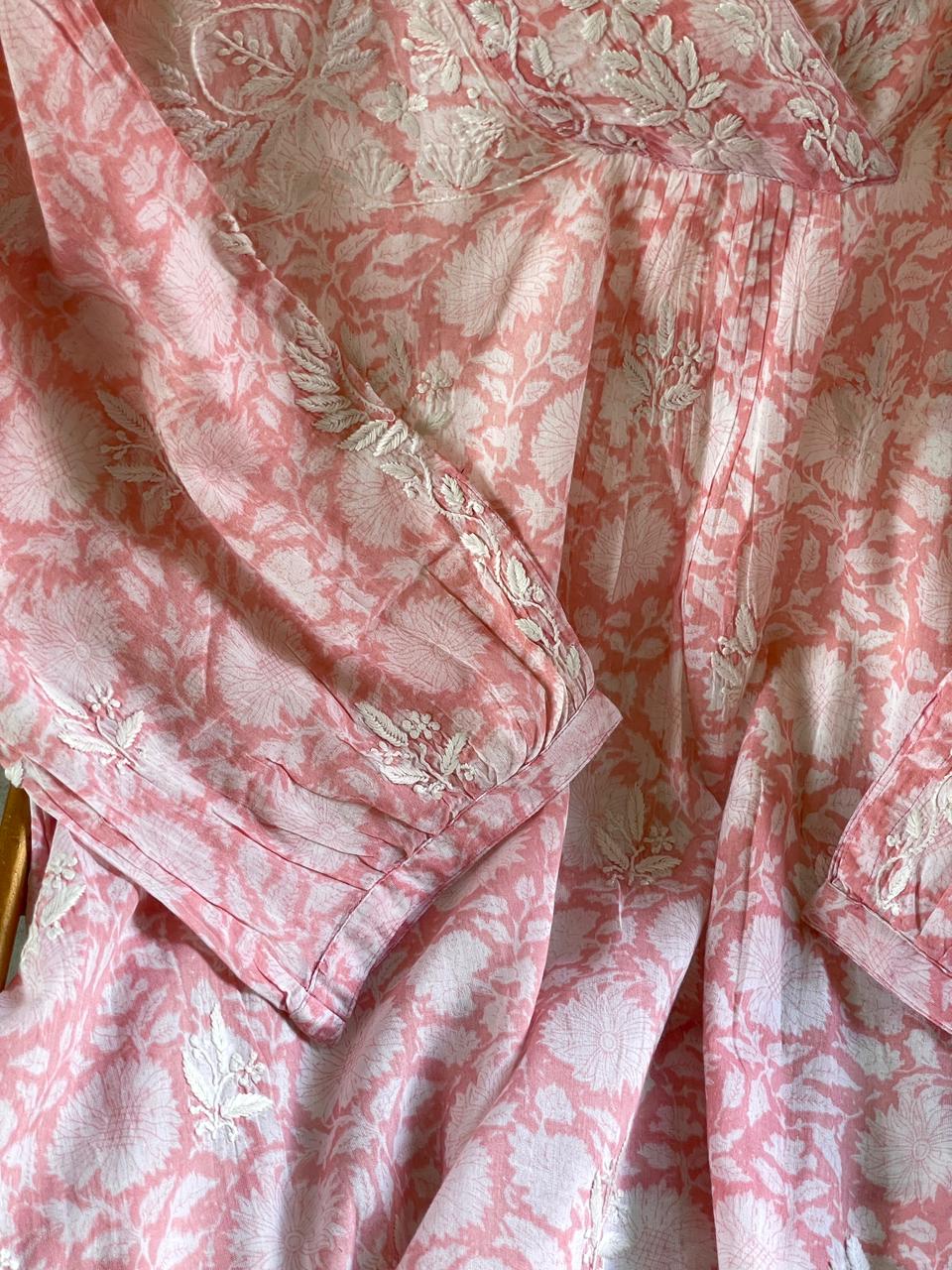 Rose Pink Floral Handblock Printed Cotton Peplum Top