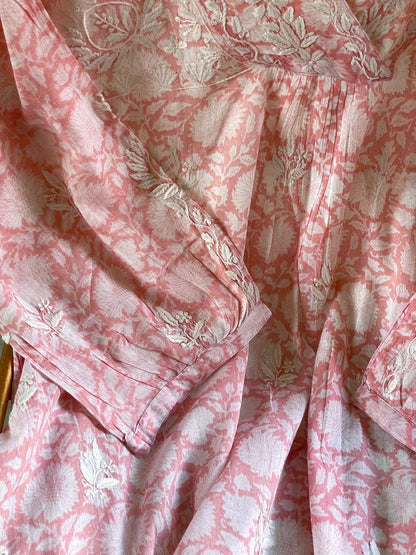 Rose Pink Floral Handblock Printed Cotton Peplum Top