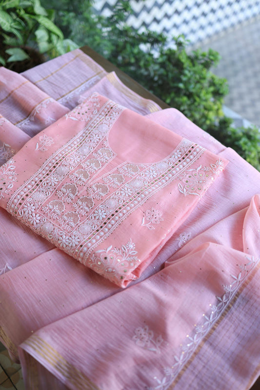 Rose Pink Mal Cotton Fine Chikankari With Kamdani Work Unstitched Fabric