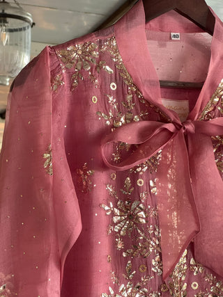 Rose Pink Noor Organza Mukaish Badla Short Top With Bow Tie