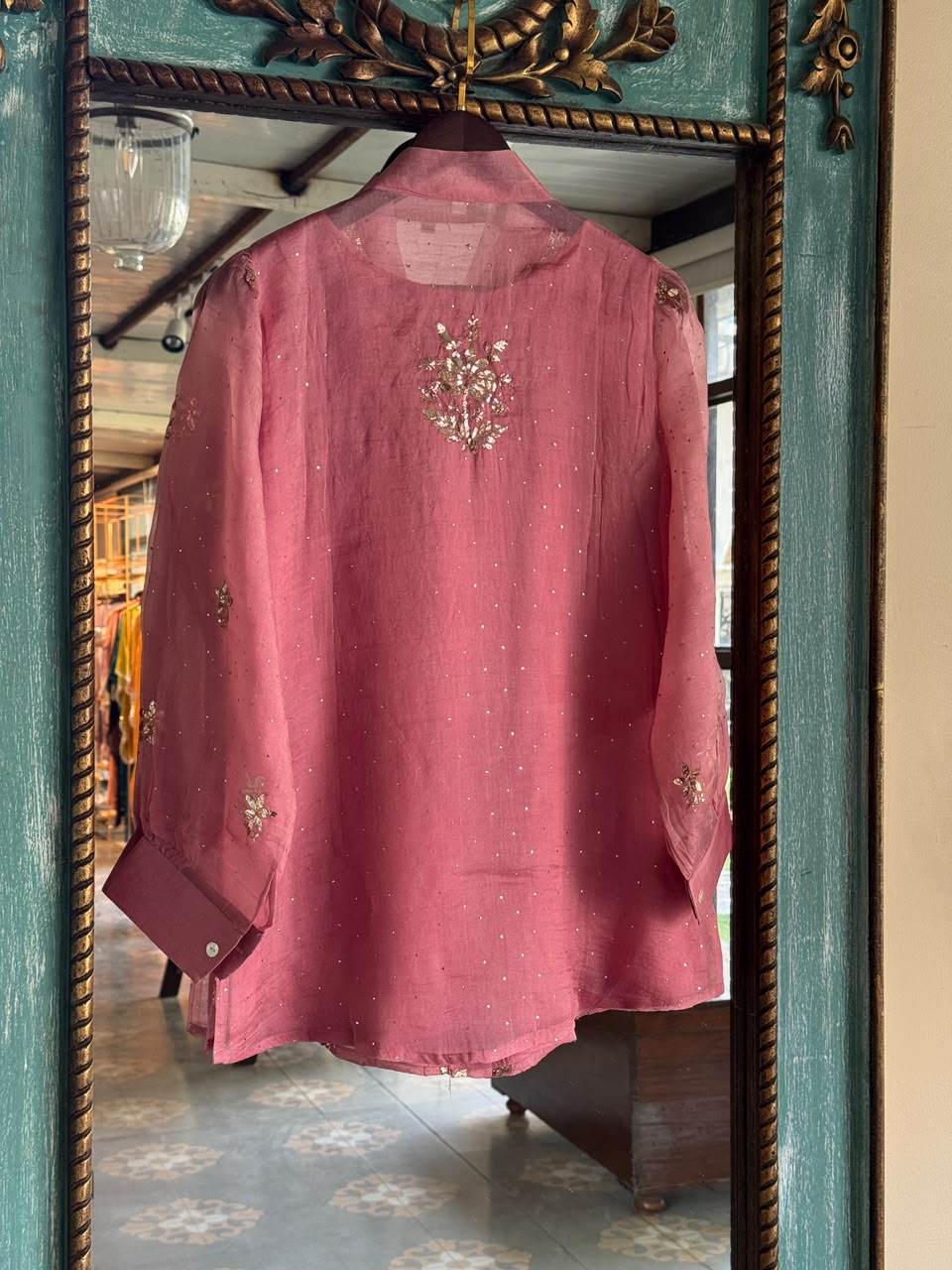 Rose Pink Noor Organza Mukaish Badla Short Top With Bow Tie