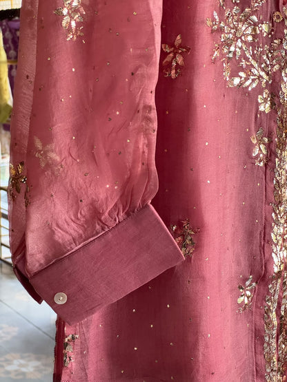 Rose Pink Noor Organza Mukaish Badla Short Top With Bow Tie