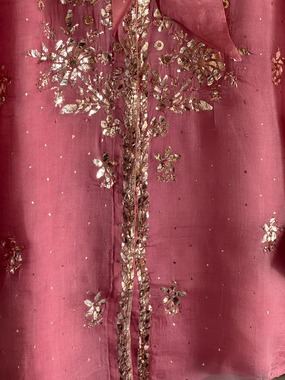 Rose Pink Noor Organza Mukaish Badla Short Top With Bow Tie