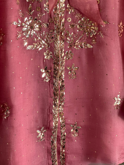 Rose Pink Noor Organza Mukaish Badla Short Top With Bow Tie