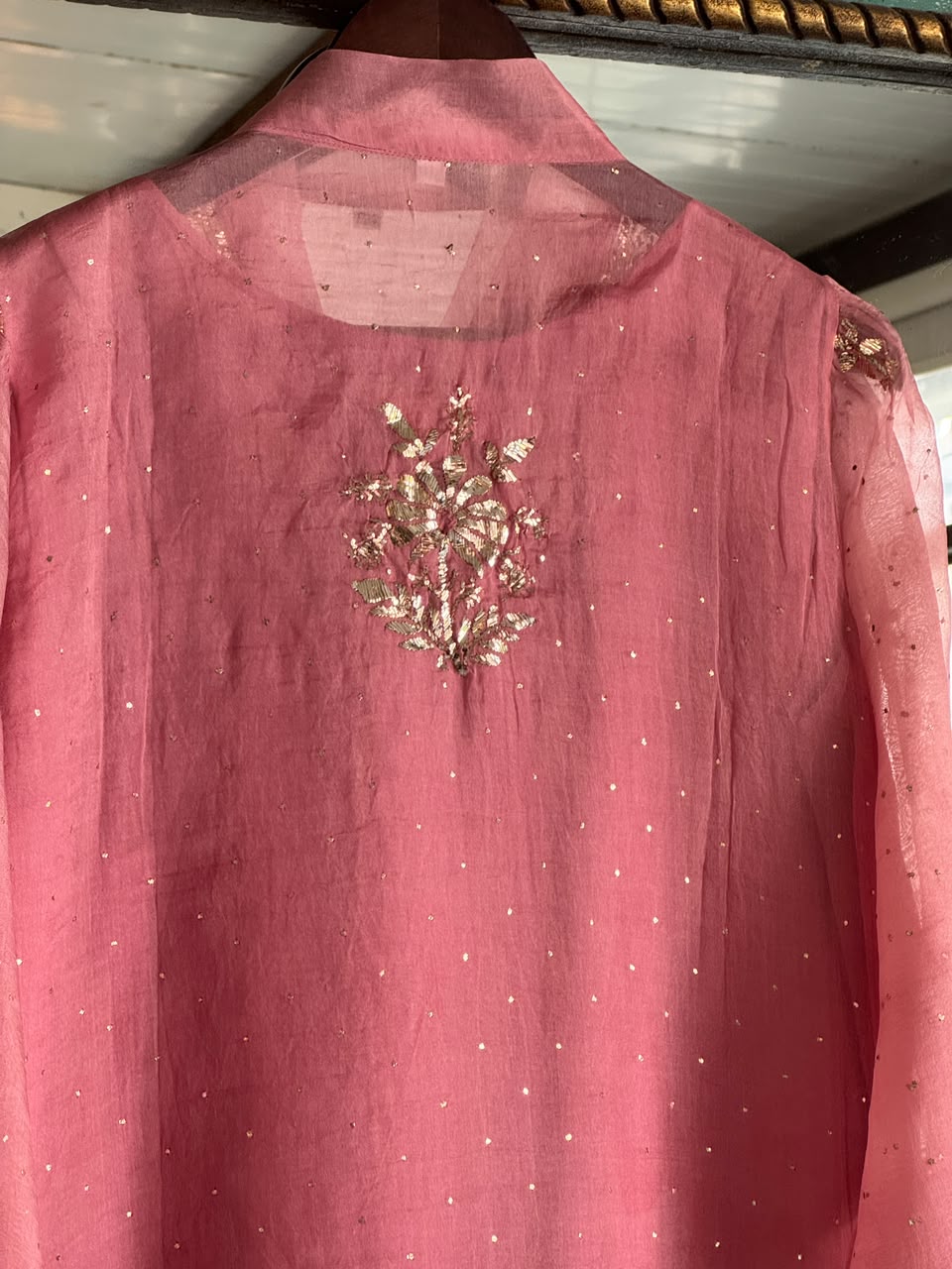 Rose Pink Noor Organza Mukaish Badla Short Top With Bow Tie