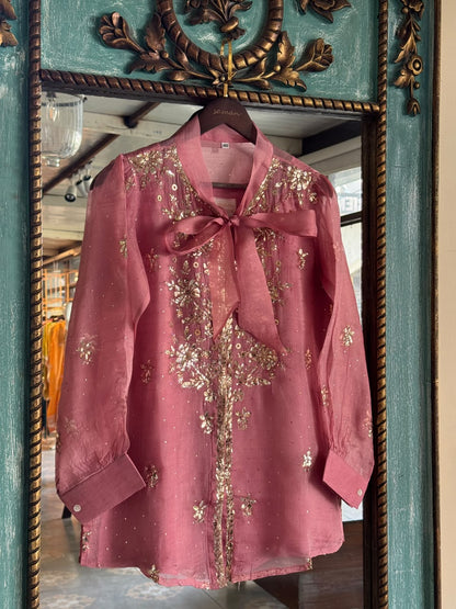 Rose Pink Noor Organza Mukaish Badla Short Top With Bow Tie