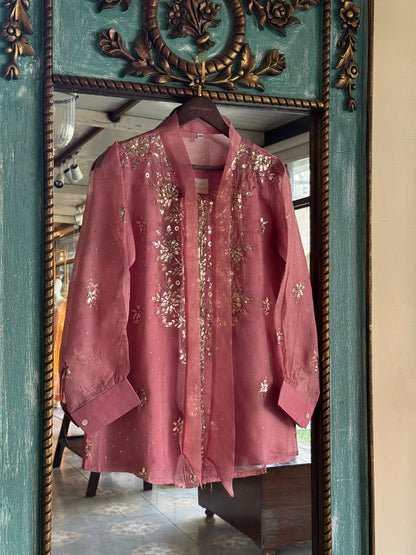 Rose Pink Noor Organza Mukaish Badla Short Top With Bow Tie