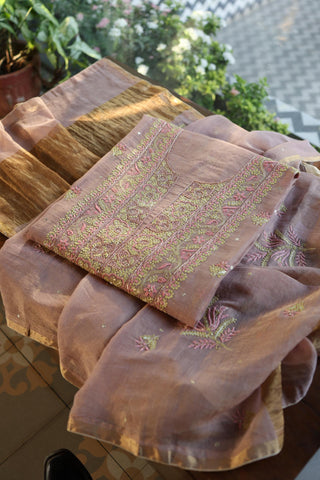 Rose Pink Roheen Tissue Silk Chikankari Unstitched Fabric